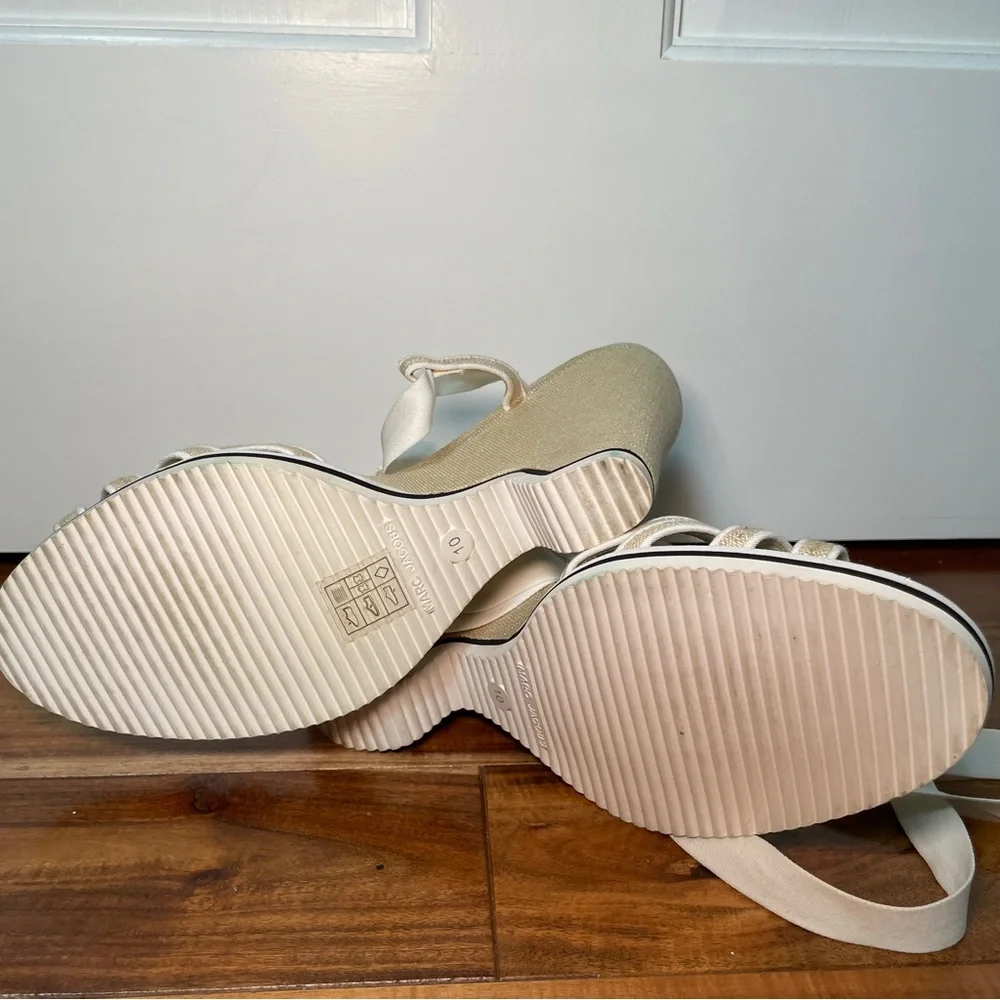 MARC JACOBS Ivory Canvas Ankle Tie Sculptural Wedge Sandals Size 10